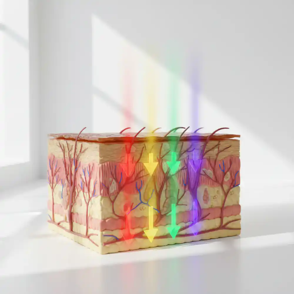 Diagram showing light wavelengths penetrating skin layers