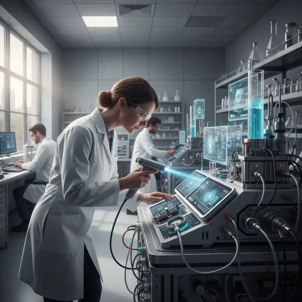 Lead biomedical engineer inspecting a device