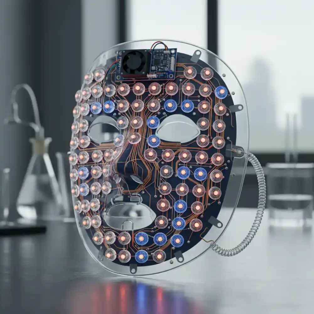 Close up of LED light therapy mask technical components