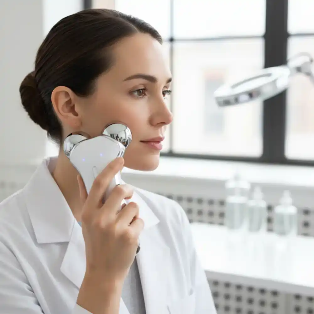 Person using advanced microcurrent facial device